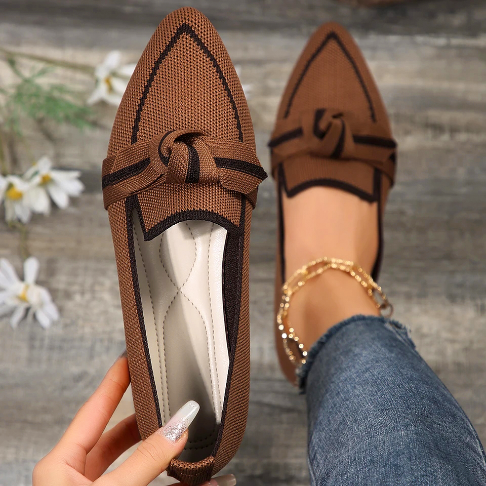 Florentine brown pointed knit flats with bow detail top view