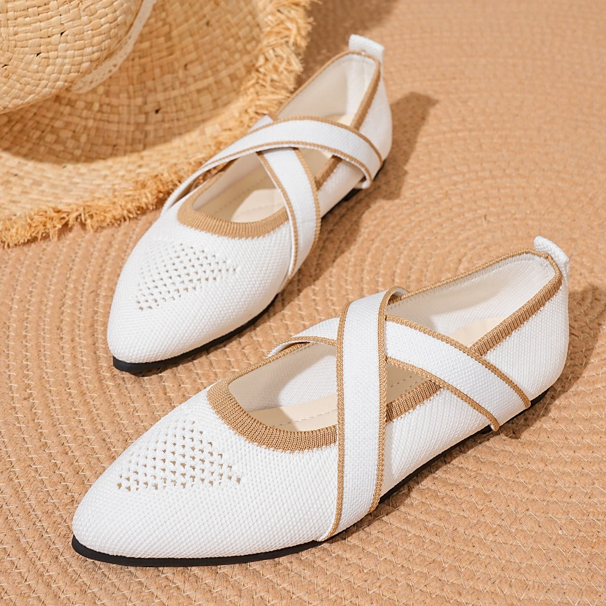 White Siena Point Flats with camel trim and crossover strap design
