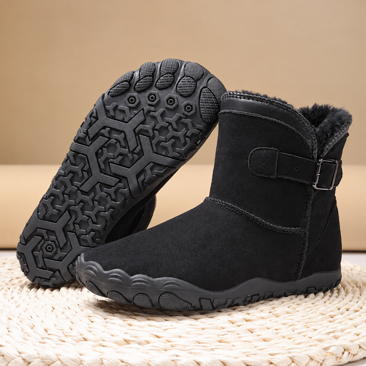 A pair of black mid-calf winter boots with a soft shearling lining, shown on a woven mat. One boot is standing upright to show the side profile with a hook-and-loop strap, and the other is turned to show the textured treaded outsole.