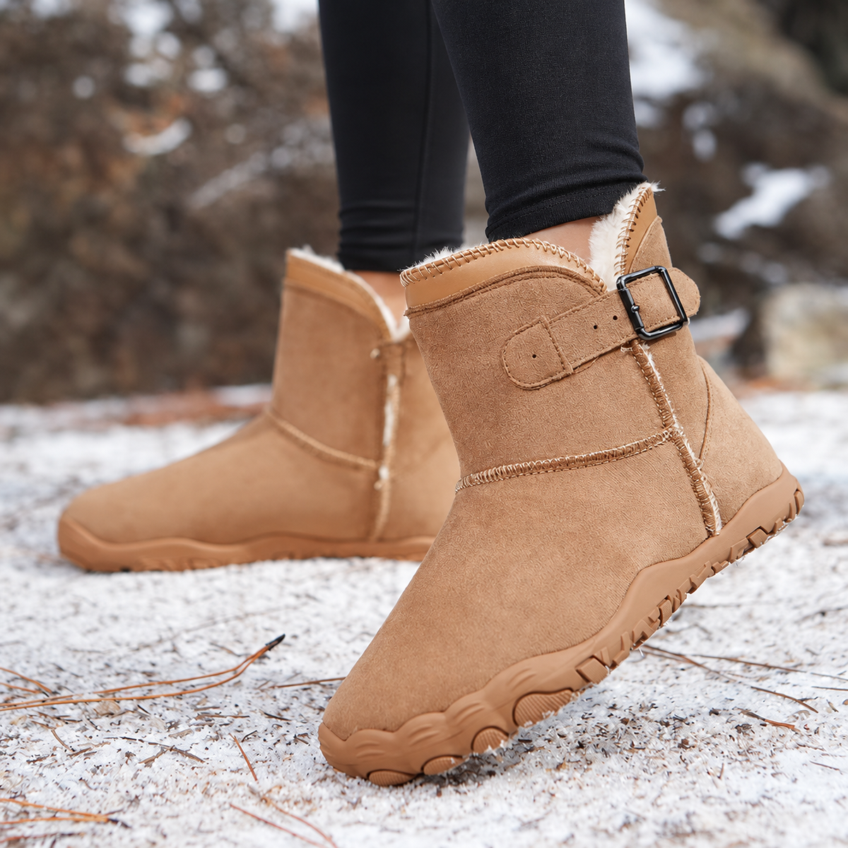 A pair of tan suede ankle-height winter boots with a fuzzy lining and a side buckle strap, shown on a snowy outdoor ground with a person's legs visible wearing black leggings.