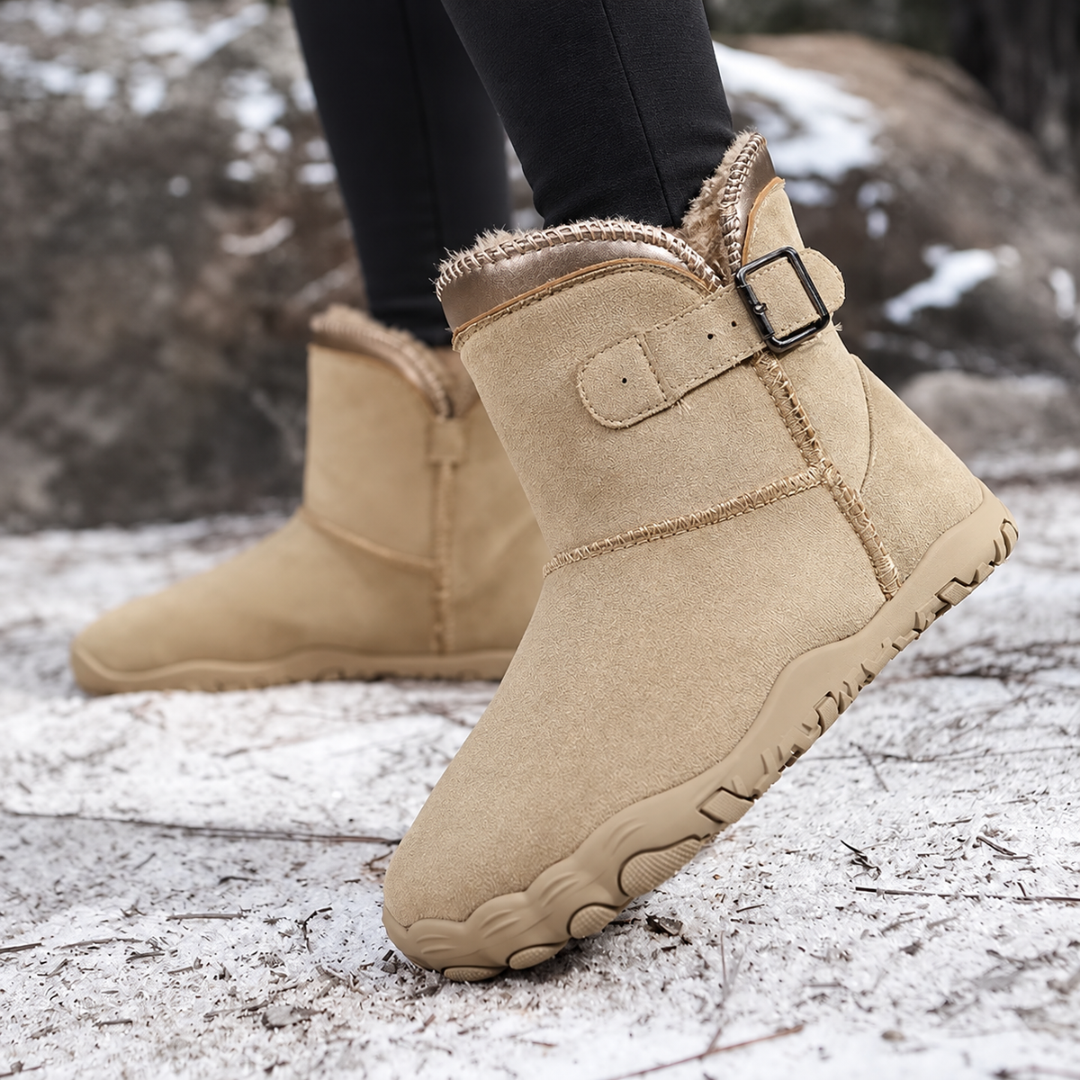 A pair of beige suede ankle boots with a faux-fur lining and a side buckle strap, shown on a person standing outdoors on a snowy, rocky surface.