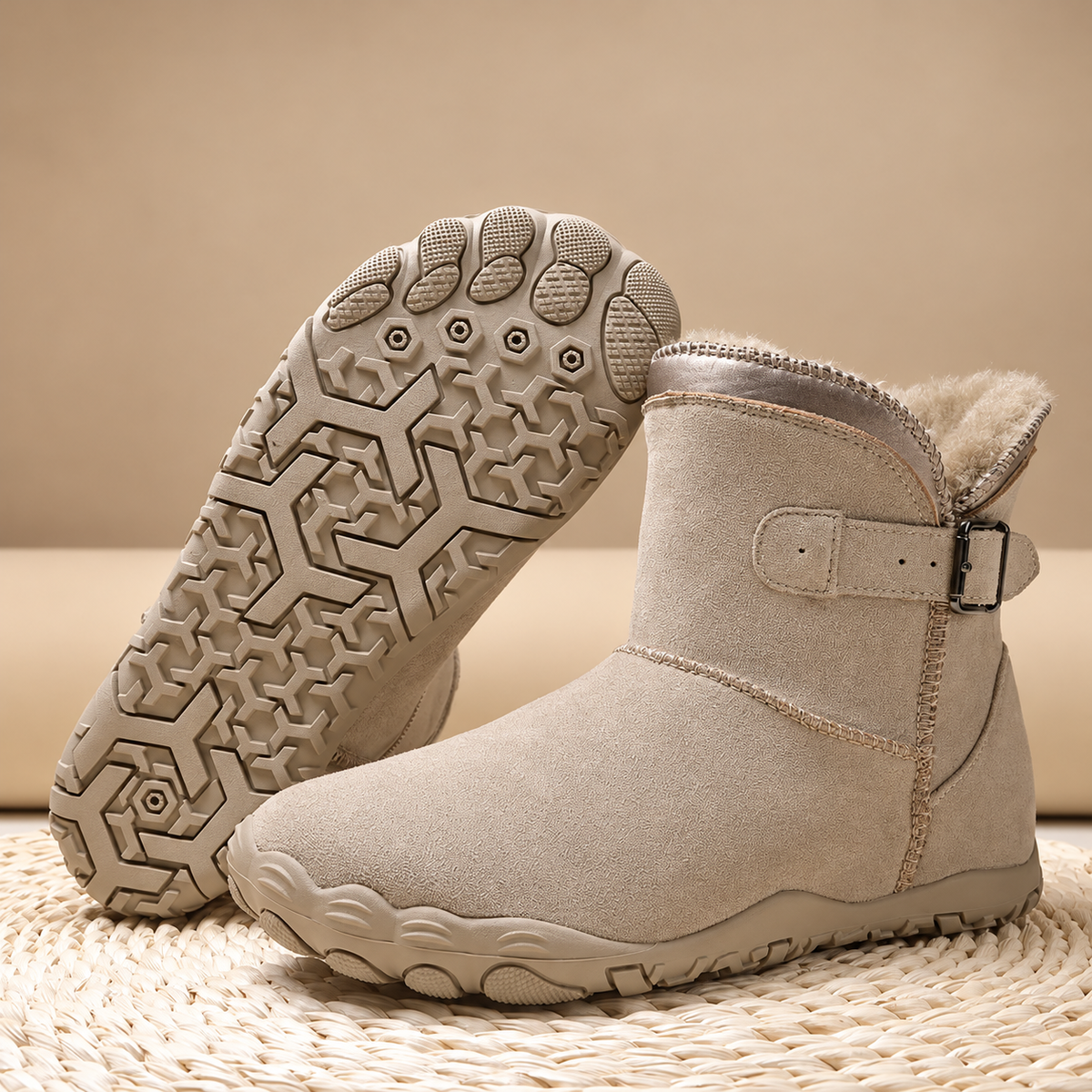 A pair of beige suede-like mid-calf winter boots with a plush lining, shown on a woven mat against a warm beige background. One boot is turned to show the treaded outsole, and the other is shown from the side with a zipper and strap closure.