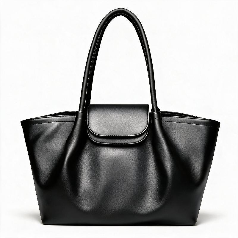 A black leather tote bag with a structured shape, dual top handles, and a flap closure, photographed against a clean white background.