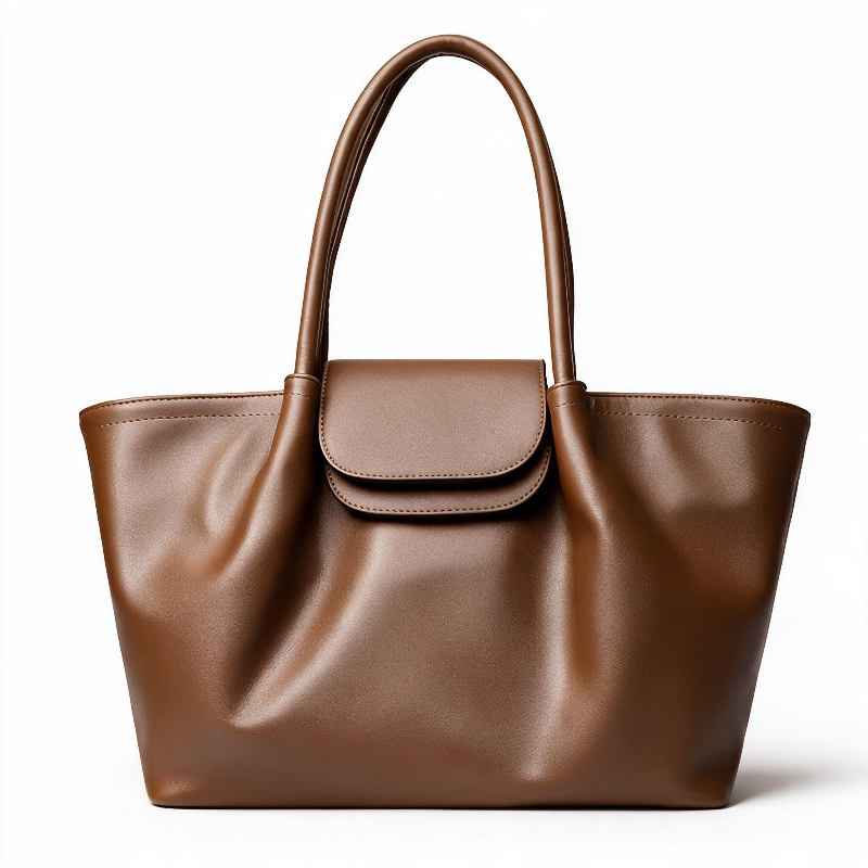 A brown leather tote bag with a structured slouchy silhouette, dual top handles, and a matching flap closure on the front, shown against a plain white background.