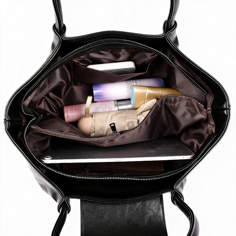 Open black handbag shown from above, revealing a dark brown satin interior organizer with compartments holding toiletries and a laptop on a white background.
