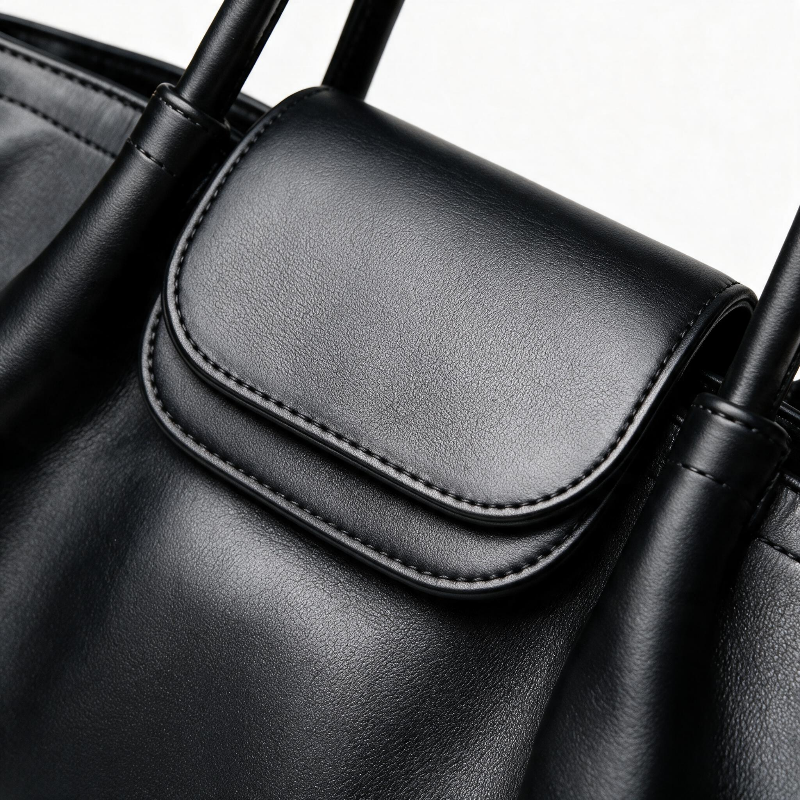 Close-up of a black leather handbag showing a flap pocket with precise stitching and part of the dark handle against a light background.