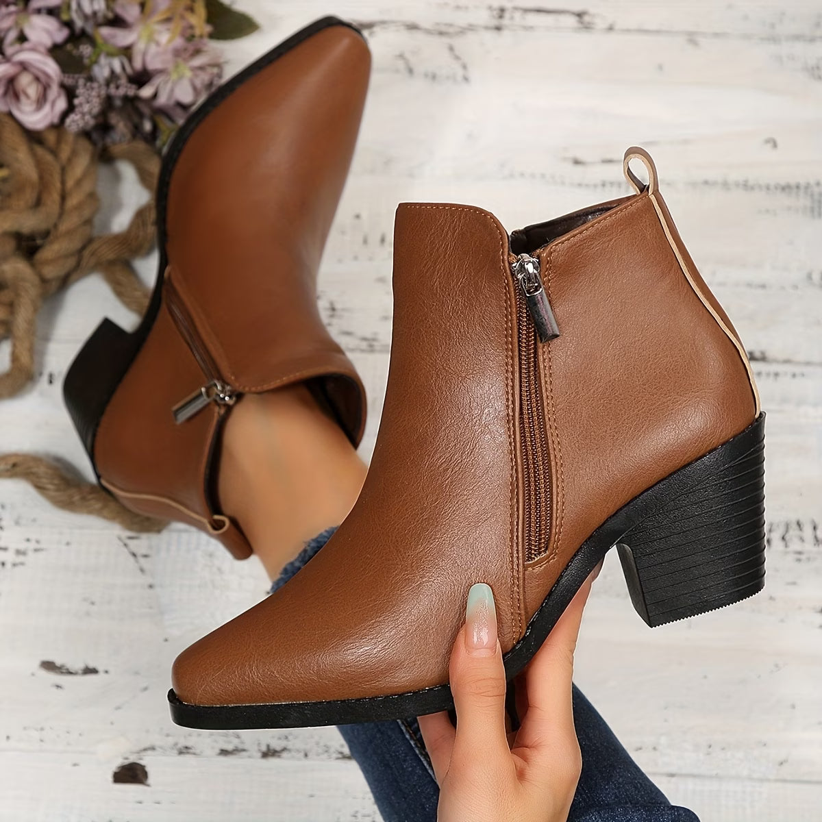 A pair of women's brown faux-leather ankle boots with a side zipper and a chunky black block heel, shown on a person's foot and held in a hand against a white rustic wood background.