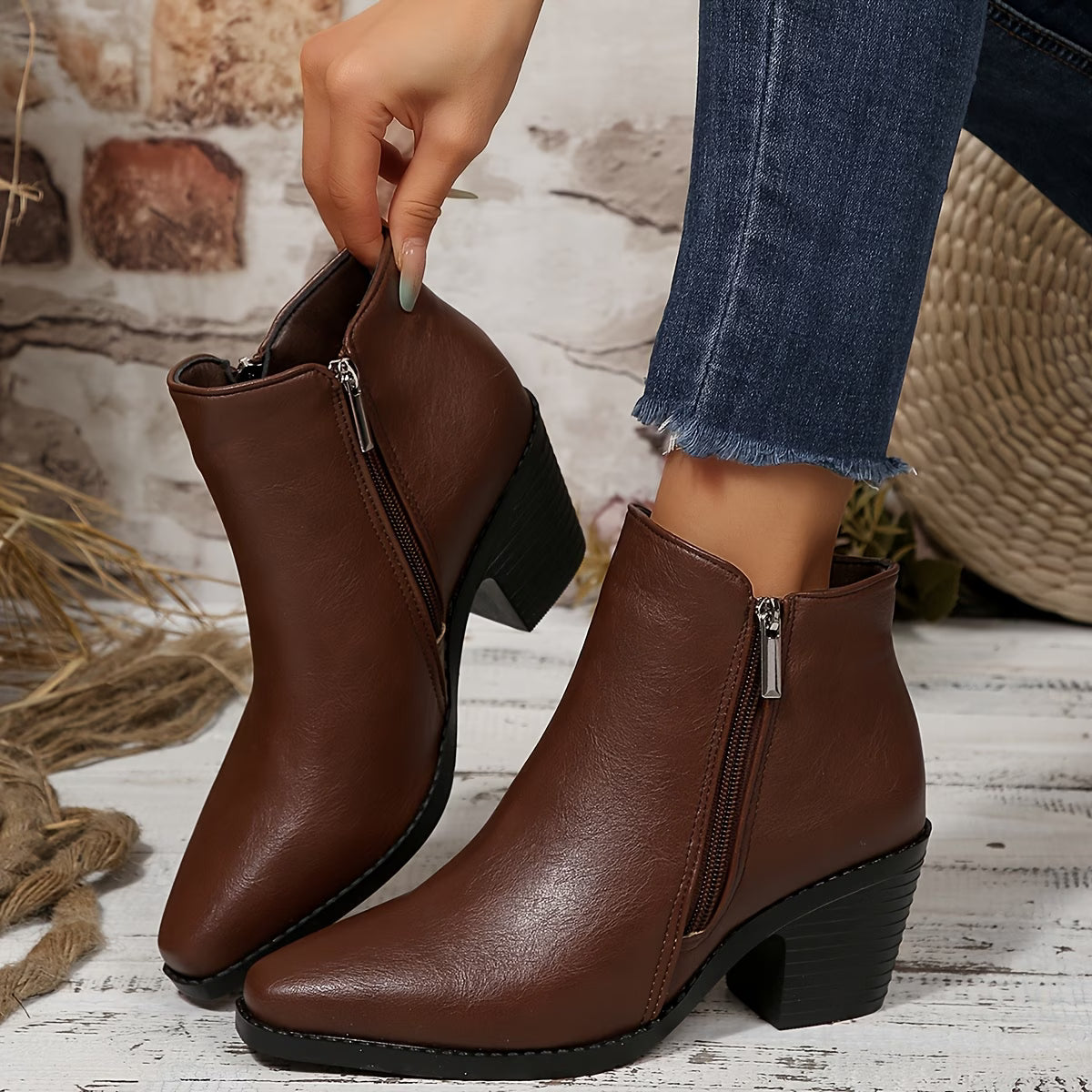 A pair of women's brown faux-leather ankle boots with a side zipper and low block heel, shown on a model wearing blue jeans against a rustic white-washed wood and stone background.