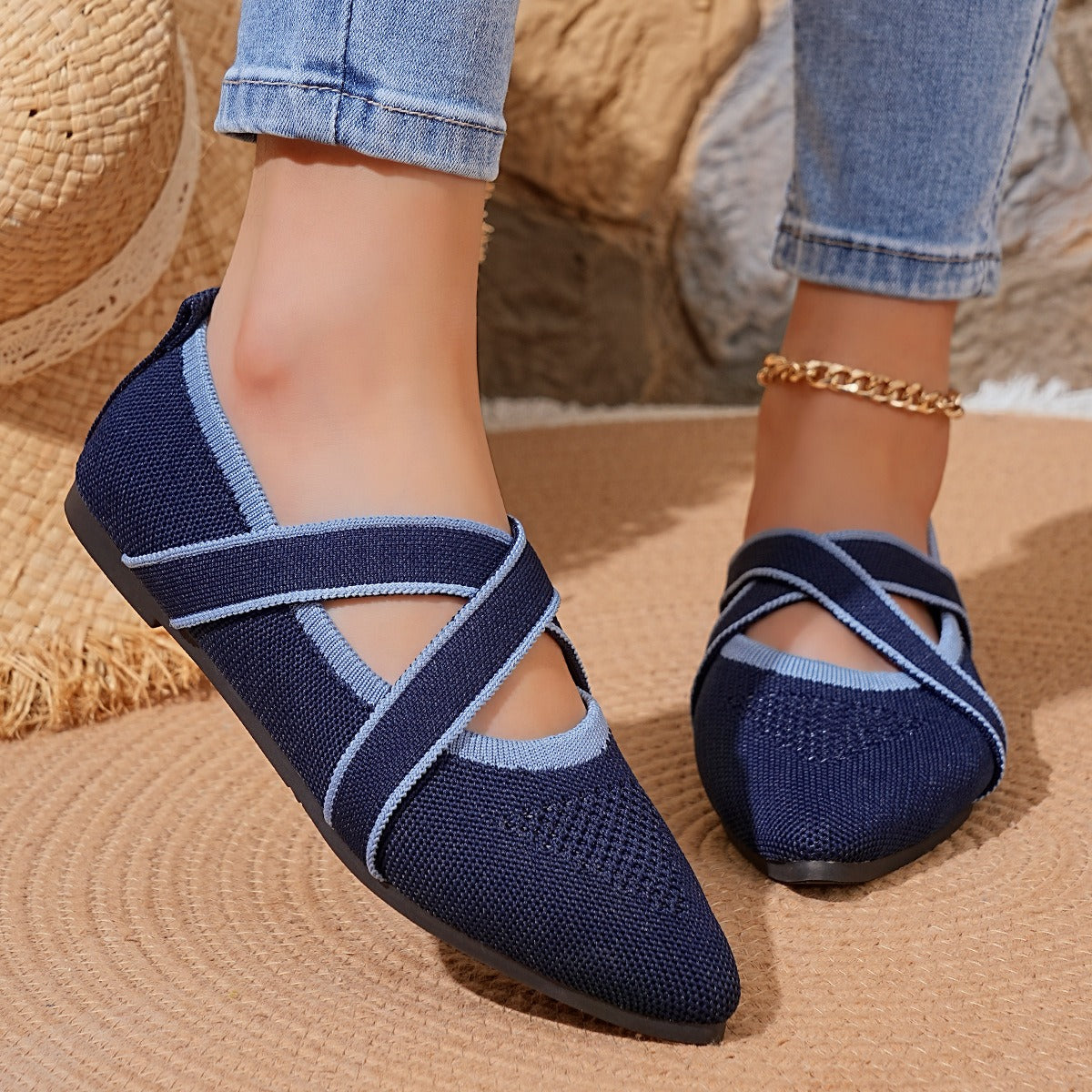 Navy blue Siena Point Flats with stretch knit and crossover straps