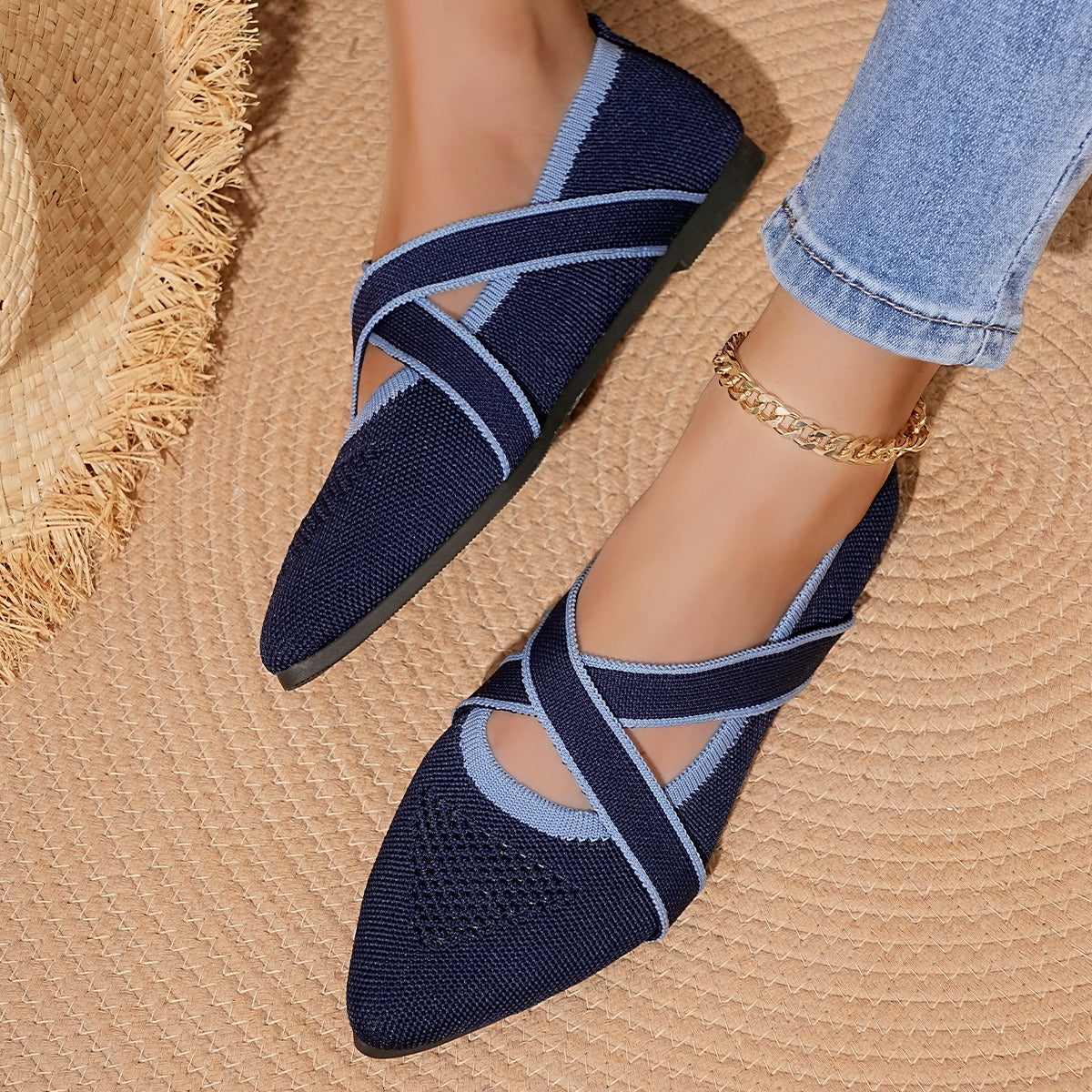 Navy blue Siena Point Flats breathable knit upper detail