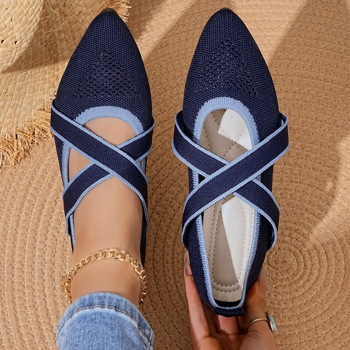 Top view of navy blue Siena Point Flats with pointed toe design