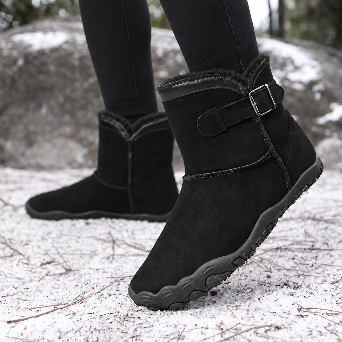 Black suede winter boots with a side buckle strap and faux fur lining, shown on a person's feet in a snowy outdoor setting.