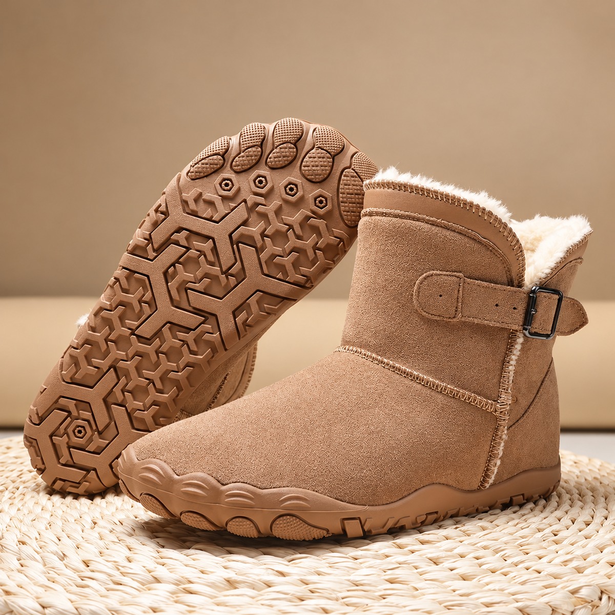 A pair of tan suede-like ankle winter boots with white faux-fur lining and a side buckle strap, shown on a woven mat against a beige background. One boot is turned to show the treaded sole.