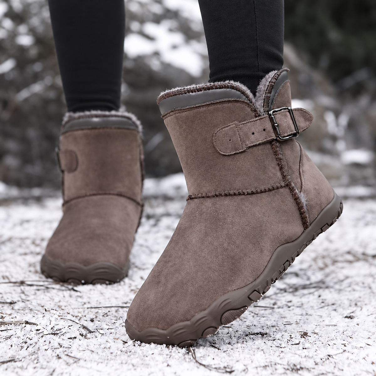 A pair of coffee colored ankle-height winter boots with a fuzzy lining and a side buckle strap, shown on a snowy outdoor ground with a person's legs visible wearing black leggings.