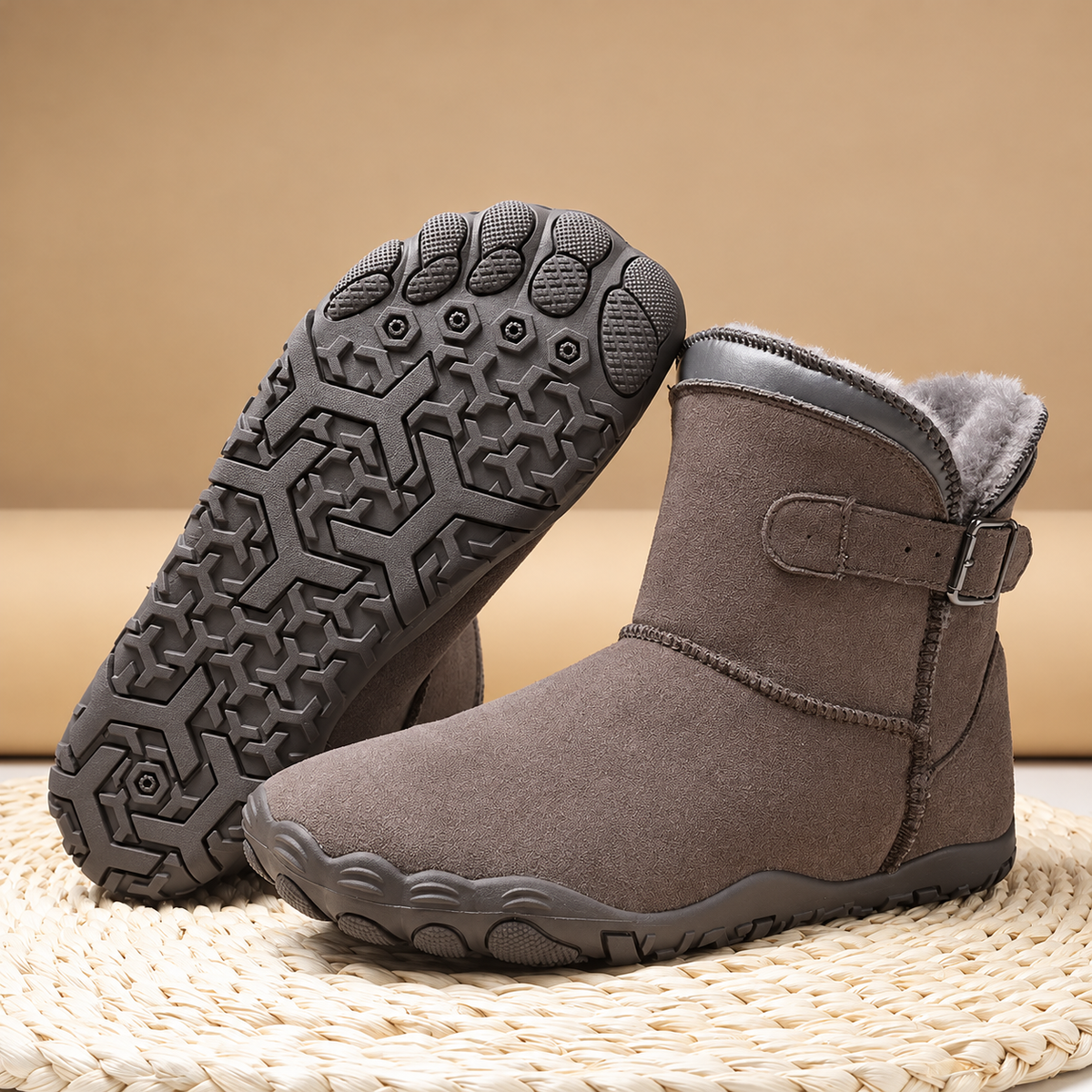 A pair of taupe-brown suede ankle winter boots with gray soles and a soft gray faux-fur lining, displayed on a woven mat with a beige background.