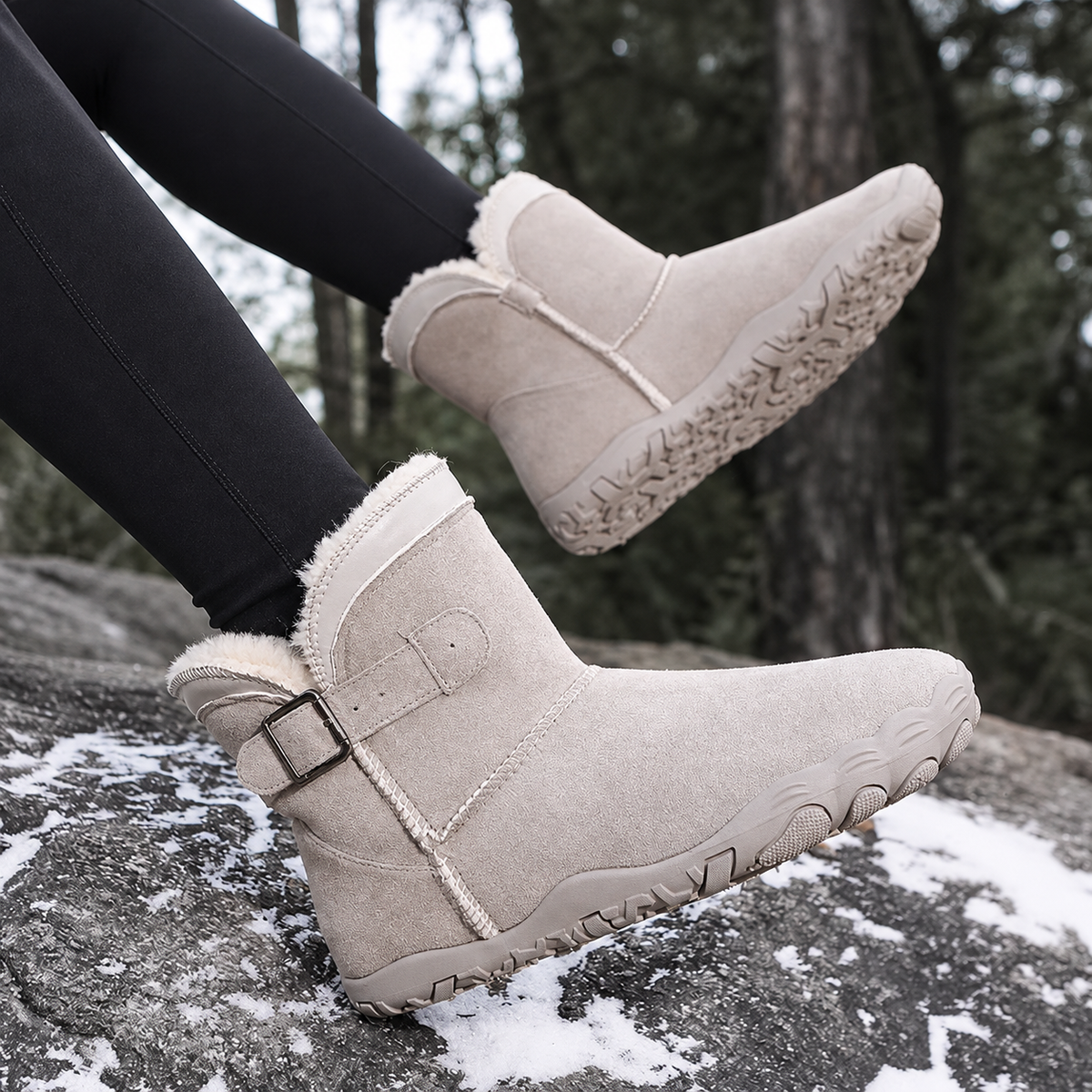 A person wearing beige suede ankle winter boots with faux-fur lining and buckle straps, standing on a snowy rock with trees in the background.