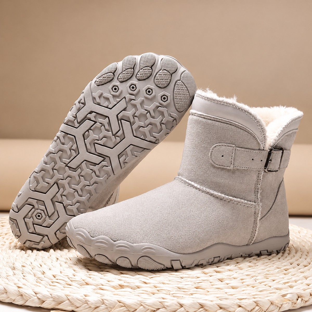 A pair of light gray mid-calf winter boots with white faux-fur lining, shown on a woven mat against a beige background. One boot is turned to show the textured treaded sole, and the other shows the side strap and collar.